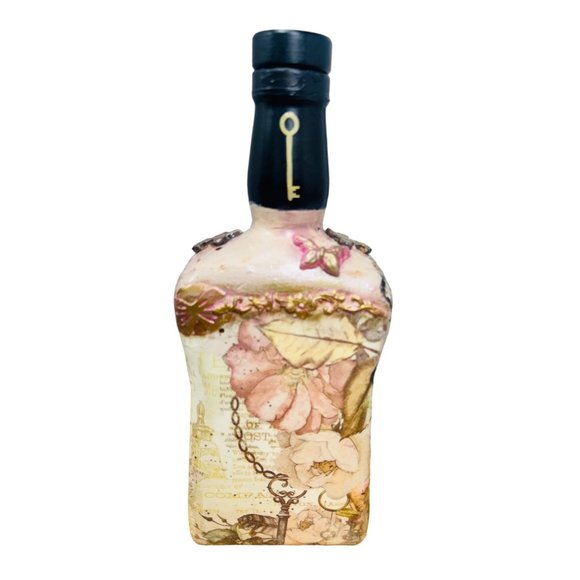 Up cycled Decanter Bottle Mixed Media Peep Keyhole Clay Hand Painted Butterfly - Picture 3 of 16